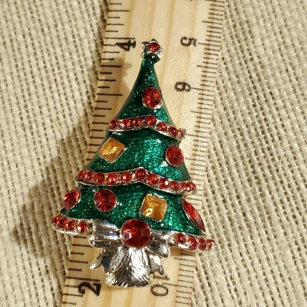 Christmas Tree Red Green Silver Rhinestone Enamel Sweater Pin Brooch - Picture 4 of 5